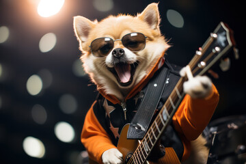 A Chihuahua Dog with sunglasses playing guitar on the stage of the concert hall. Talented dog, professional musician performing, music, hobby, festival, modern art collage. Rock Star, rock'n roll - obrazy, fototapety, plakaty