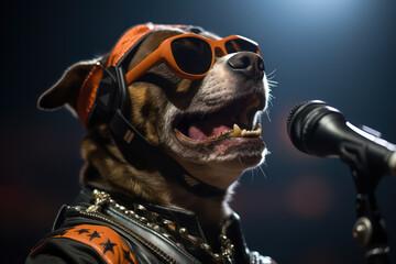 A Dog with sunglasses singing on the stage of the concert hall. Talented dog, professional musician...