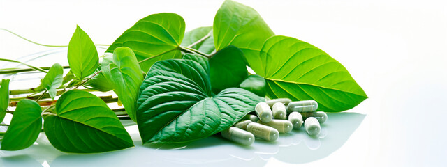 Supplements vegetable capsules and leaves isolate on a white background. Generative AI,