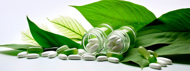 Supplements vegetable capsules and leaves isolate on a white background. Generative AI,
