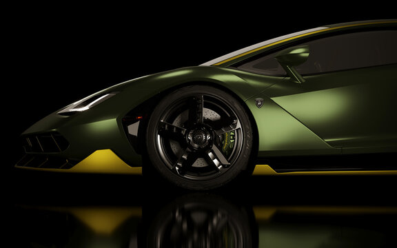 15 november, Almaty, Kazakhstan: Green Lamborghini Centenario v1 in a dark background, luxury Supercar. 3d render