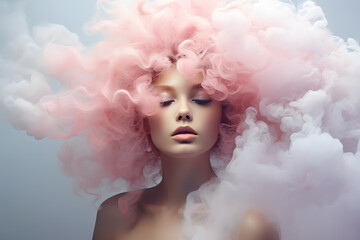 Woman’s head covered with cloud or smoke portrait art photo