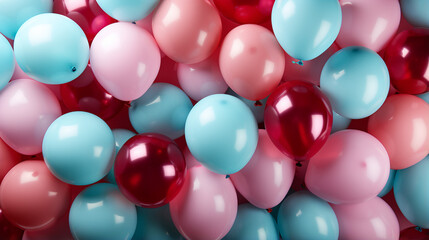 Fototapeta na wymiar Festive sweet pink and blue balloons background, copy space, Ai generated image.