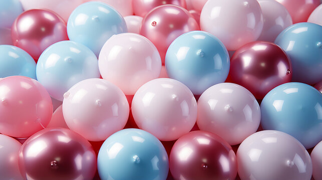 Festive sweet pink and blue balloons background, copy space, Ai generated image.