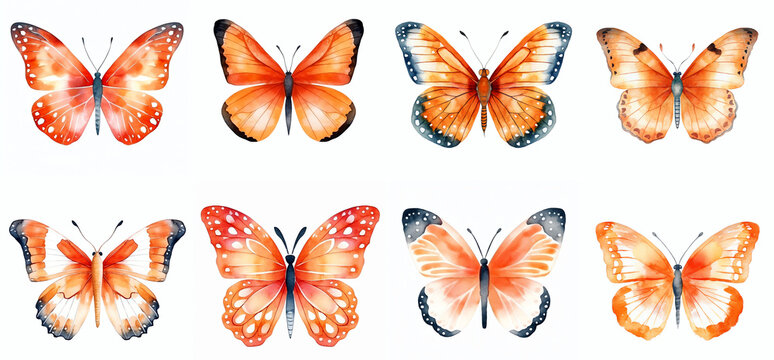 Fototapeta orange watercolor aquarelle butterfly set butterflies isolated on transparent background clipart