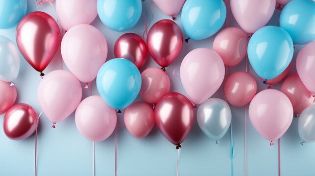 Festive sweet pink and blue balloons background, copy space, Ai generated image.