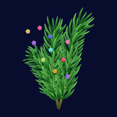 Christmas tree branch 3D with colorful stars. Green pine, evergreen plant. Winter holiday element for decoration, design of banner, card, poster. Isolated branch Christmas tree. Vector 3d.