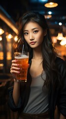 Asian girl holding a glass of beer