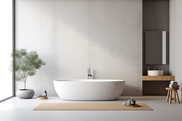 Fototapeta na wymiar Modern clean bright minimal style of marble bathroom interior decorate with bathtub, mirror and sink, minimal decor concept.