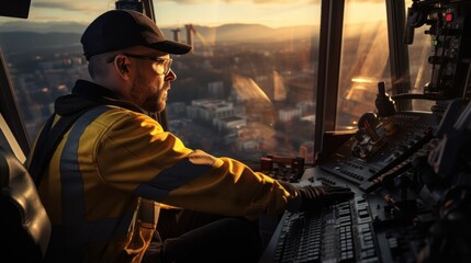 Engineer operator crane in action . He sit a top in crane cabin