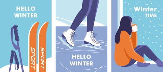 Winter time. Concept of vacation and travel. Skis and poles in the snow. Woman skates on ice rink. Young woman drinks coffee sitting on a windowsill. Vector illustration. - obrazy, fototapety, plakaty