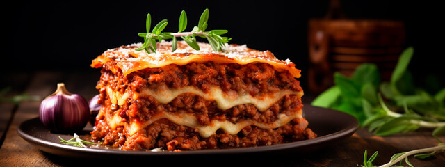 A piece of lasagna on a plate. Generative AI, - obrazy, fototapety, plakaty
