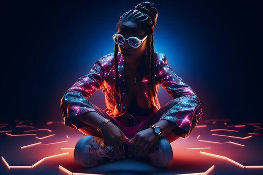 African woman in neon costume and neon shoes, in the style of futuristic pop, luminous color palette - Powered by Adobe