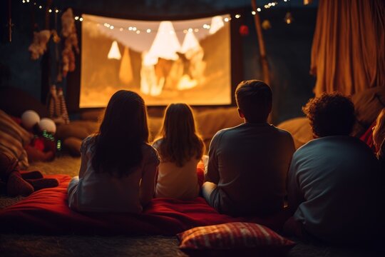 Photo from behind of a family having a cozy movie night. Generative AI