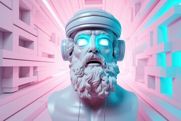 White bust of Zeus with glowing eyes wearing headphones and helmet on perspective geometric...