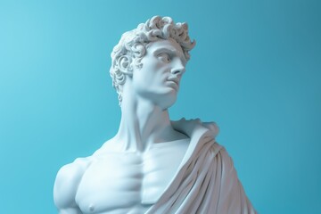 Portrait of a white sculpture of Apollo on a blue background with copy space.