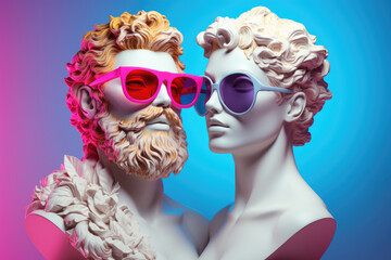 Two busts of the married couple Zeus and Hera wearing fashionable sunglasses are illuminated with neon lights.