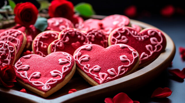 Cookies in the shape of hearts in glaze. Generative AI,