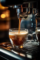 Coffee machine with cup of espresso. Pouring coffee in a mug. Generative Ai