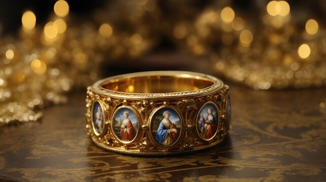 a gold ring with pictures of people on it.