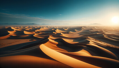 Fototapeta na wymiar Photorealistic panoramic view of a desert with rolling sand dunes, long shadows, and a bright blue sky