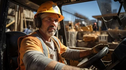 Fotobehang Male operator driving heavy equipment on construction building © sirisakboakaew