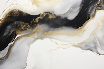 Abstract marble background fluid art painting alcohol ink style with a mix of black, white and gold colors