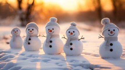 Merry Christmas and happy new year with row of snowmen