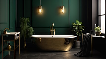 Modern bathroom. Minimalism. Gold and dark green colors