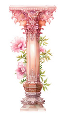 watercolor illustration of intricate design of an Indian pillar, floral pink theme, wedding invitation card element
