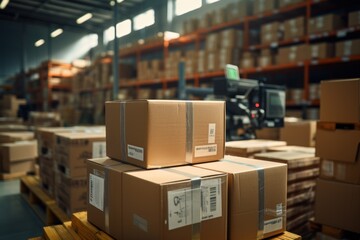 Scanning parcel barcode before shipment - obrazy, fototapety, plakaty
