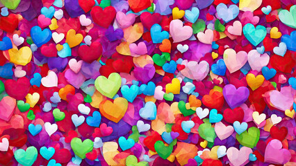 Fototapeta na wymiar Valentine's day multicoloured background, many hearts of different shapes