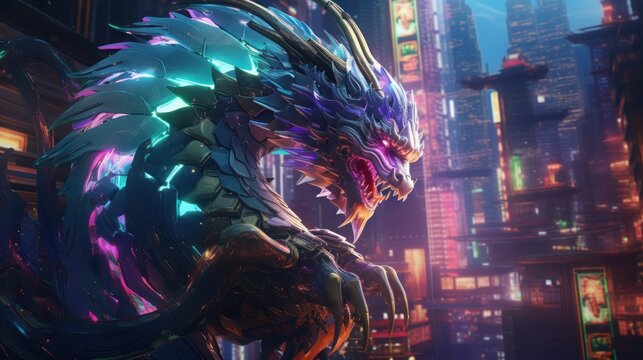 Cybernetic Dragon Over Metropolis. AI Surreal Marvels