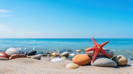 Fototapeta na wymiar Zen stones and red starfish on the beach with blue sky background