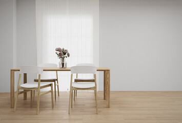 Empty white wall  with dining table and chairs on wooden floor. 3d rendering of interior living room.