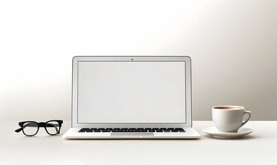 Top view template background with laptop, glasses, coffee cup set on a light  background