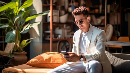 hombre joven vestido de blanco con gafas, usando un celular, sentado 