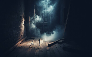 Old wooden room with smoke billowing antique storage room old wooden floor wooden walls in a room with bright light. dark color background