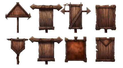 A set of Dark Brown wooden vintage style cartoon Empty Singpost, Medieval Sing board collection, PNG, Isolated background 