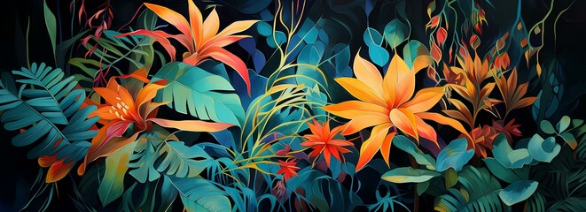 Background with colorful leaves, tropical plants, flowers and leaves, nature, bright tones and rich colors.