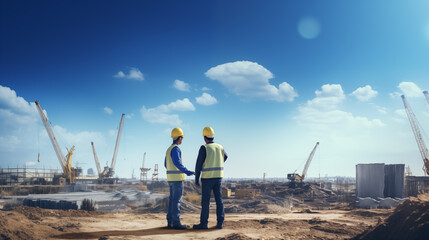 Engineers are discussing building planning at a construction site. Foremen are working outdoors with clear blue sky.