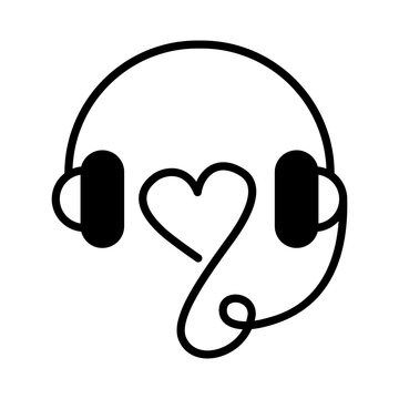 Headphone icon with cables forming a heart. Music Lovers icon