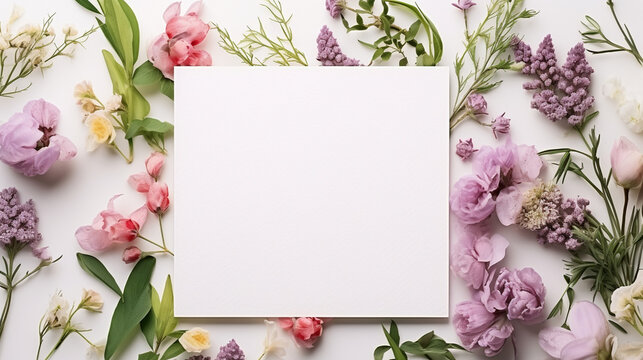 Frame of living plants and a white sheet of paper on a white background. Space for your text. View from above. Spring concept.