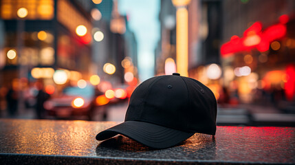 gorra negra con una ciudad iluminada de fondo  - obrazy, fototapety, plakaty