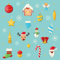 Beautiful Christmas collection with holiday decorations and toys