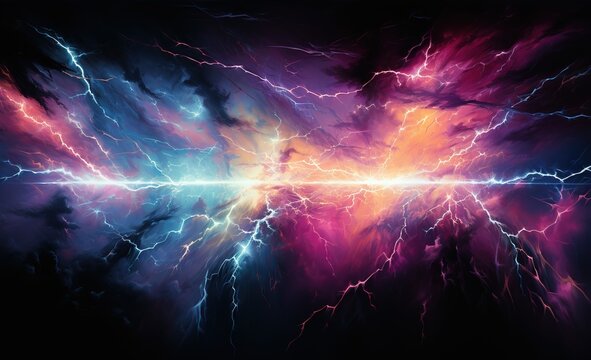 a spectacular and colorful image of pink and blue lightning on a dark background. The image is ideal for use in projects related to thunderstorms, electricity or energy.