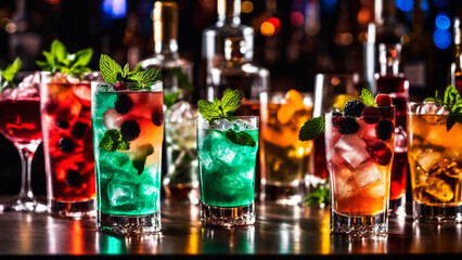 Many different refreshing colorful fruit cocktails with ice, lemon, mint and berries on a bar counter, night club party with soft drinks - obrazy, fototapety, plakaty
