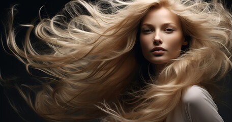 blonde with long hair on a black background. Hair is styled in loose curls and looks shiny and healthy. This image is perfect for projects related to hair care and beauty. - obrazy, fototapety, plakaty