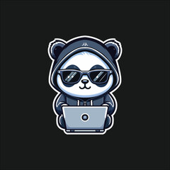 cute panda hacker with a laptop, laptop sticker © dushyantha