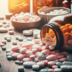 Many pills pilled of jar together, pain relief and addiction banner panorama. ai generative